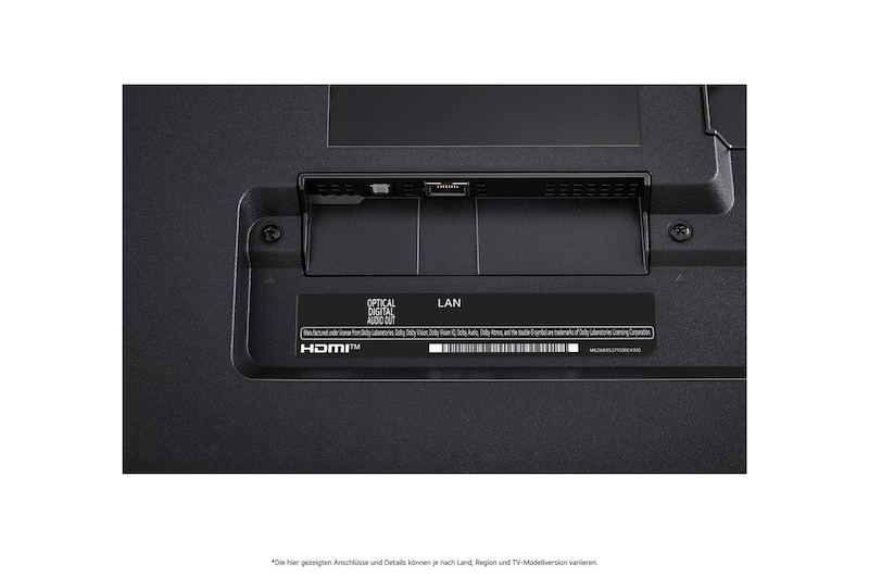 Nahaufnahme des optischen digitalen Audioausgangs und des LAN-Anschlusses auf der Rückseite des LG QNED80 AI 4K Smart Fernsehers.