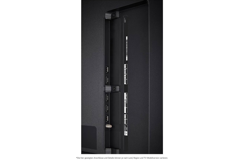 Detaillierte Nahaufnahme der seitlichen Anschlüsse des LG QNED80 AI 4K Smart Fernsehers, zeigt HDMI-, USB- und Antenneneingänge.
