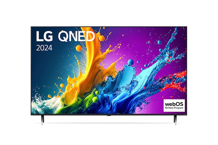 Vorderansicht des LG QNED80 AI 4K Smart Fernsehers (Modell 2024) mit lebendiger abstrakter Kunst auf dem Bildschirm und Doppel-Standfuß-Design.