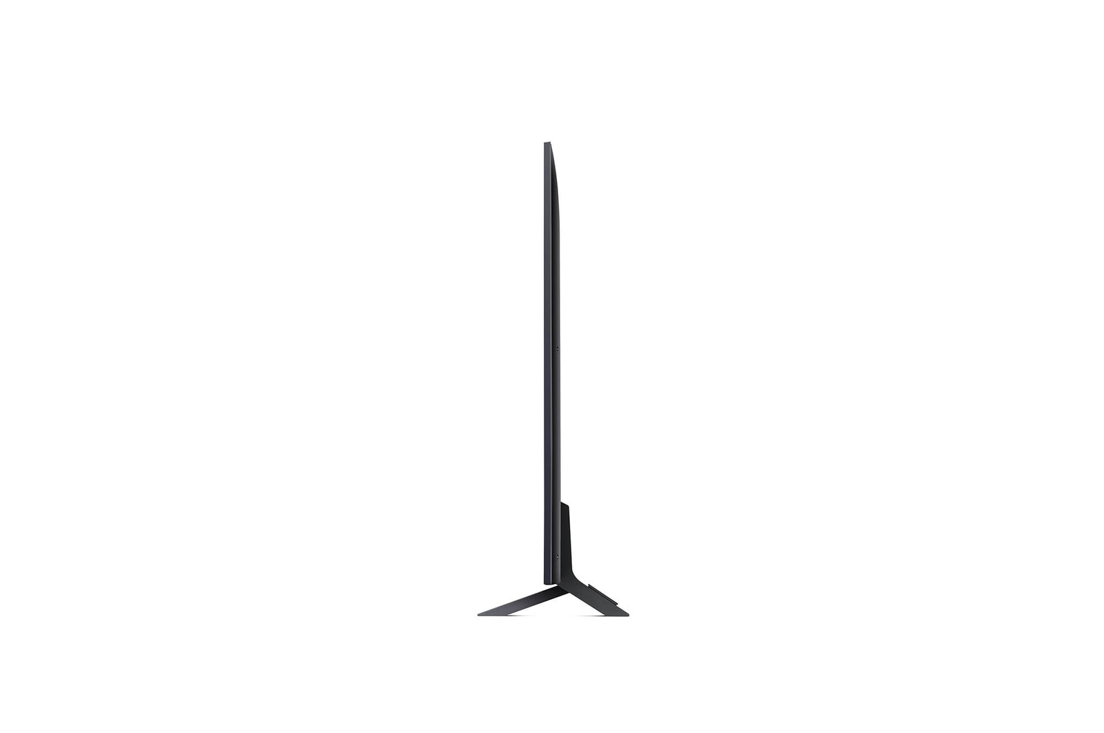 Linke Seitenprofilansicht des LG QNED80 AI 4K Smart Fernsehers, die sein schlankes Design und die Form des Standfußes hervorhebt.