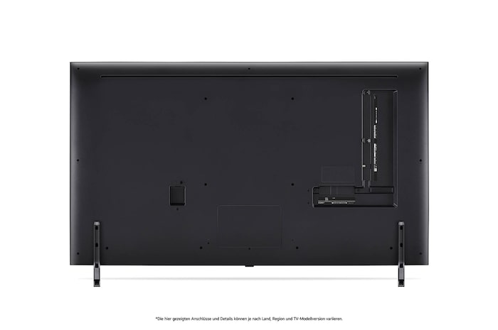 Rückansicht des LG QNED80 AI 4K Smart Fernsehers, zeigt das Design der Rückseite, den Bereich der Anschlüsse und den angebrachten Doppel-Standfuß.