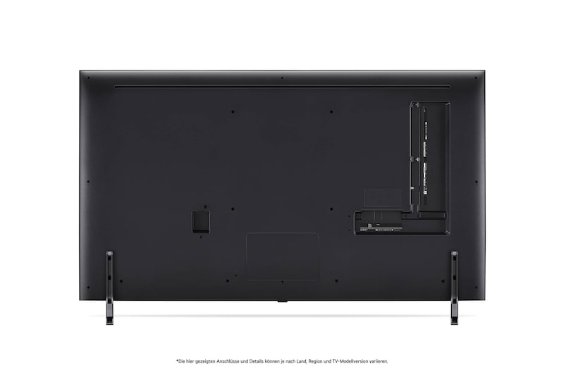 Rückansicht des LG QNED80 AI 4K Smart Fernsehers, zeigt das Design der Rückseite, den Bereich der Anschlüsse und den angebrachten Doppel-Standfuß.