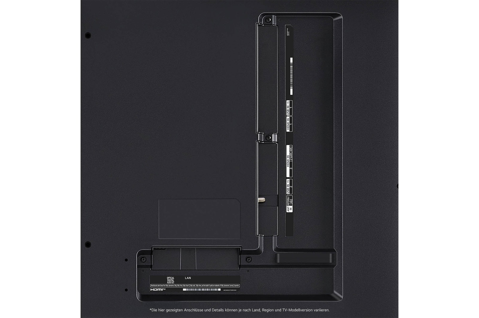 Nahaufnahme der Anschlüsse des LG QNED80 AI 4K Smart Fernsehers, einschließlich Zugang zu HDMI, USB, Antenne und CI-Slot.