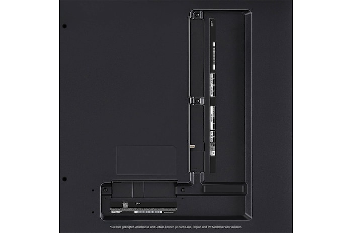 Nahaufnahme der Anschlüsse des LG QNED80 AI 4K Smart Fernsehers, einschließlich Zugang zu HDMI, USB, Antenne und CI-Slot.