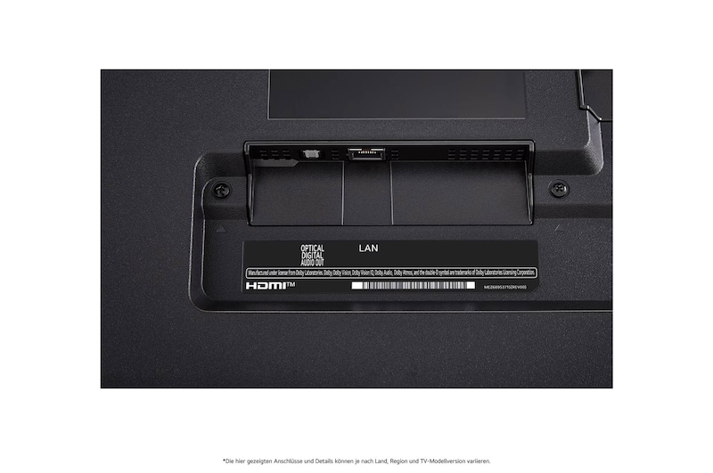 Nahaufnahme des optischen digitalen Audioausgangs und des LAN-Anschlusses auf der Rückseite des LG QNED80 AI 4K Smart Fernsehers.