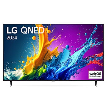 Vorderansicht des LG QNED80 AI 4K Smart Fernsehers (Modell 2024) mit lebendiger abstrakter Kunst auf dem Bildschirm und Doppel-Standfuß-Design.