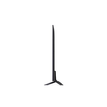 Linke Seitenprofilansicht des LG QNED80 AI 4K Smart Fernsehers, die sein schlankes Design und die Form des Standfußes hervorhebt.