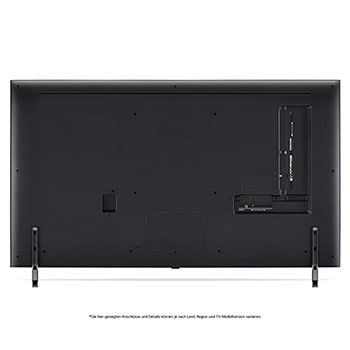 Rückansicht des LG QNED80 AI 4K Smart Fernsehers, zeigt das Design der Rückseite, den Bereich der Anschlüsse und den angebrachten Doppel-Standfuß.