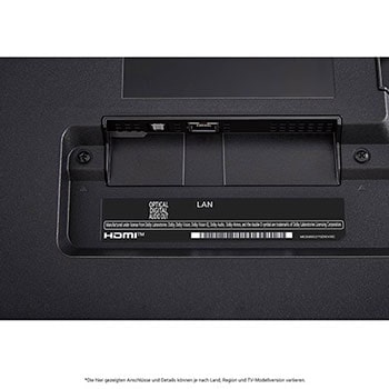 Nahaufnahme des optischen digitalen Audioausgangs und des LAN-Anschlusses auf der Rückseite des LG QNED80 AI 4K Smart Fernsehers.