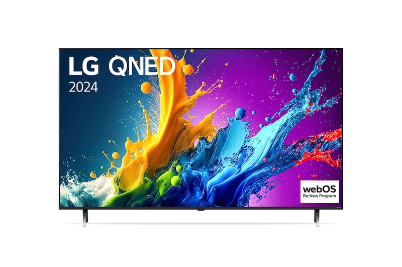 Vorderansicht des LG QNED80 AI 4K Smart Fernsehers (Modell 2024) mit lebendiger abstrakter Kunst auf dem Bildschirm und Doppel-Standfuß-Design.