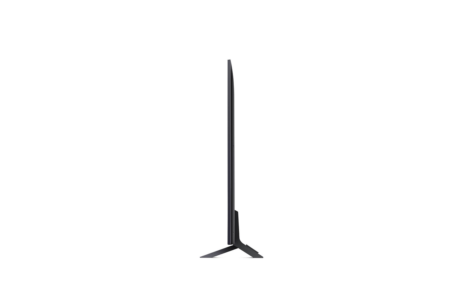Linke Seitenprofilansicht des LG QNED80 AI 4K Smart Fernsehers, die sein schlankes Design und die Form des Standfußes hervorhebt.