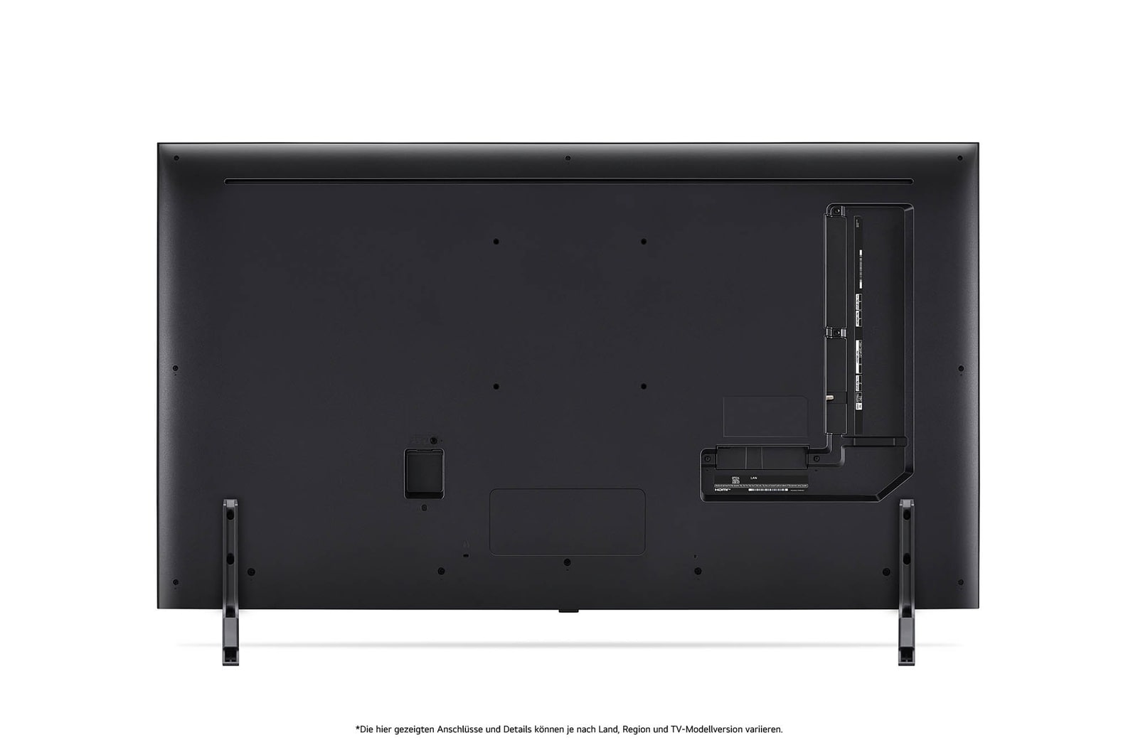 Rückansicht des LG QNED80 AI 4K Smart Fernsehers, zeigt das Design der Rückseite, den Bereich der Anschlüsse und den angebrachten Doppel-Standfuß.