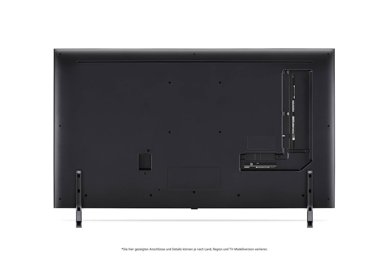 Rückansicht des LG QNED80 AI 4K Smart Fernsehers, zeigt das Design der Rückseite, den Bereich der Anschlüsse und den angebrachten Doppel-Standfuß.