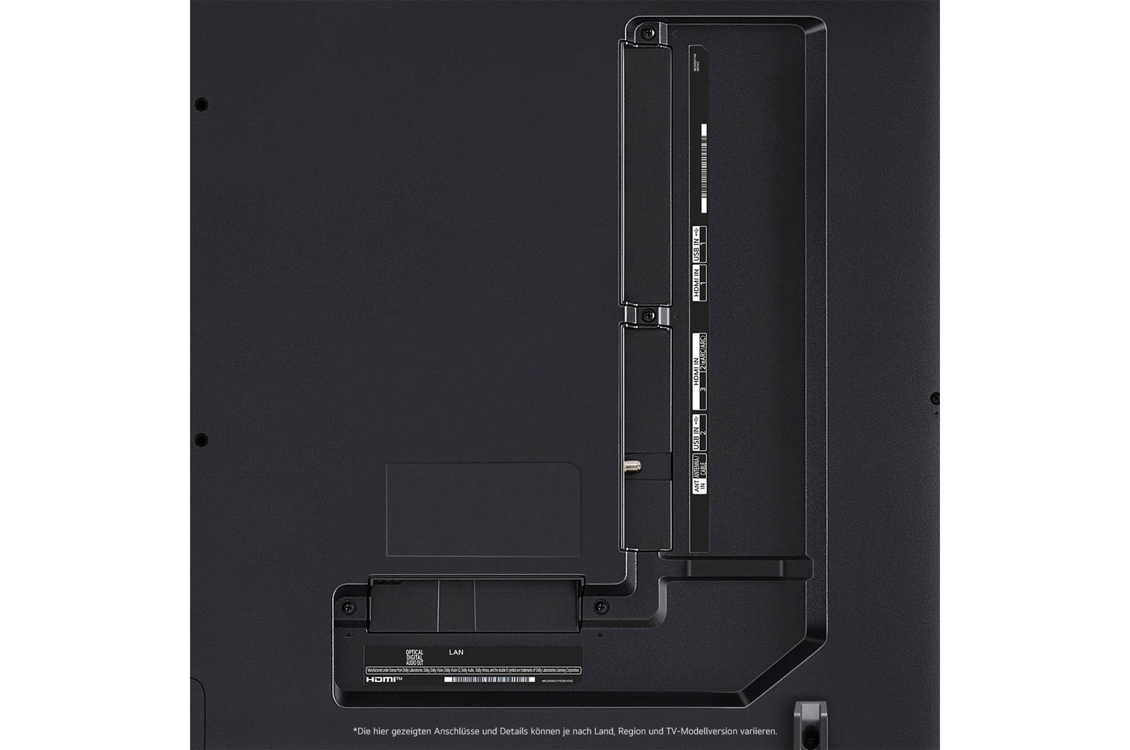 Nahaufnahme der Anschlüsse des LG QNED80 AI 4K Smart Fernsehers, einschließlich Zugang zu HDMI, USB, Antenne und CI-Slot.