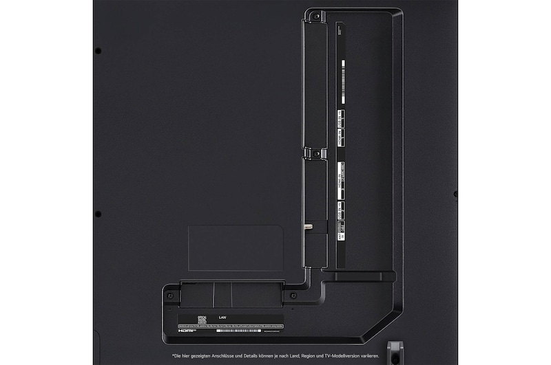 Nahaufnahme der Anschlüsse des LG QNED80 AI 4K Smart Fernsehers, einschließlich Zugang zu HDMI, USB, Antenne und CI-Slot.