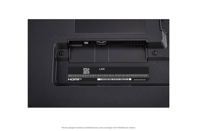 Nahaufnahme des optischen digitalen Audioausgangs und des LAN-Anschlusses auf der Rückseite des LG QNED80 AI 4K Smart Fernsehers.