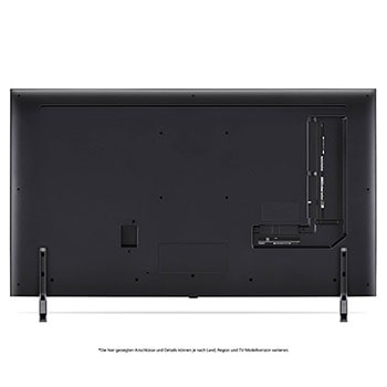 Rückansicht des LG QNED80 AI 4K Smart Fernsehers, zeigt das Design der Rückseite, den Bereich der Anschlüsse und den angebrachten Doppel-Standfuß.
