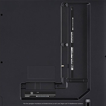 Nahaufnahme der Anschlüsse des LG QNED80 AI 4K Smart Fernsehers, einschließlich Zugang zu HDMI, USB, Antenne und CI-Slot.