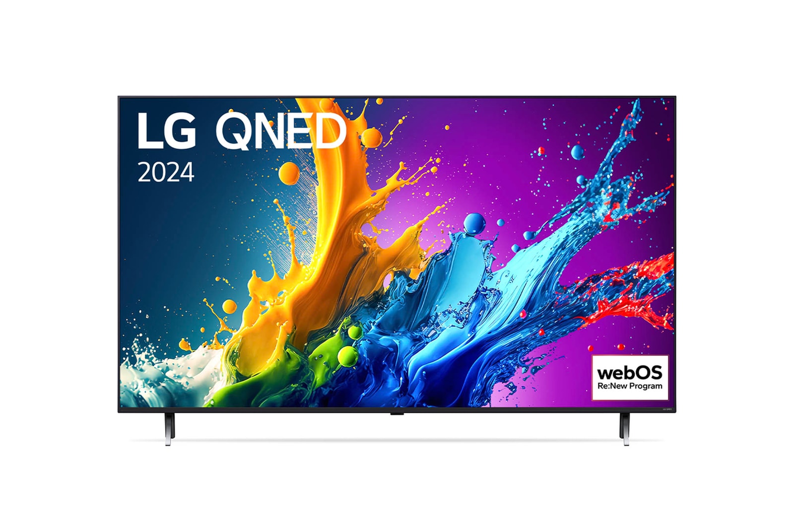 Vorderansicht des LG QNED80 AI 4K Smart Fernsehers (Modell 2024) mit lebendiger abstrakter Kunst auf dem Bildschirm und Doppel-Standfuß-Design.