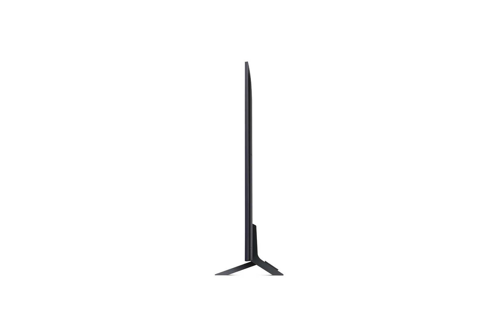 Linke Seitenprofilansicht des LG QNED80 AI 4K Smart Fernsehers, die sein schlankes Design und die Form des Standfußes hervorhebt.