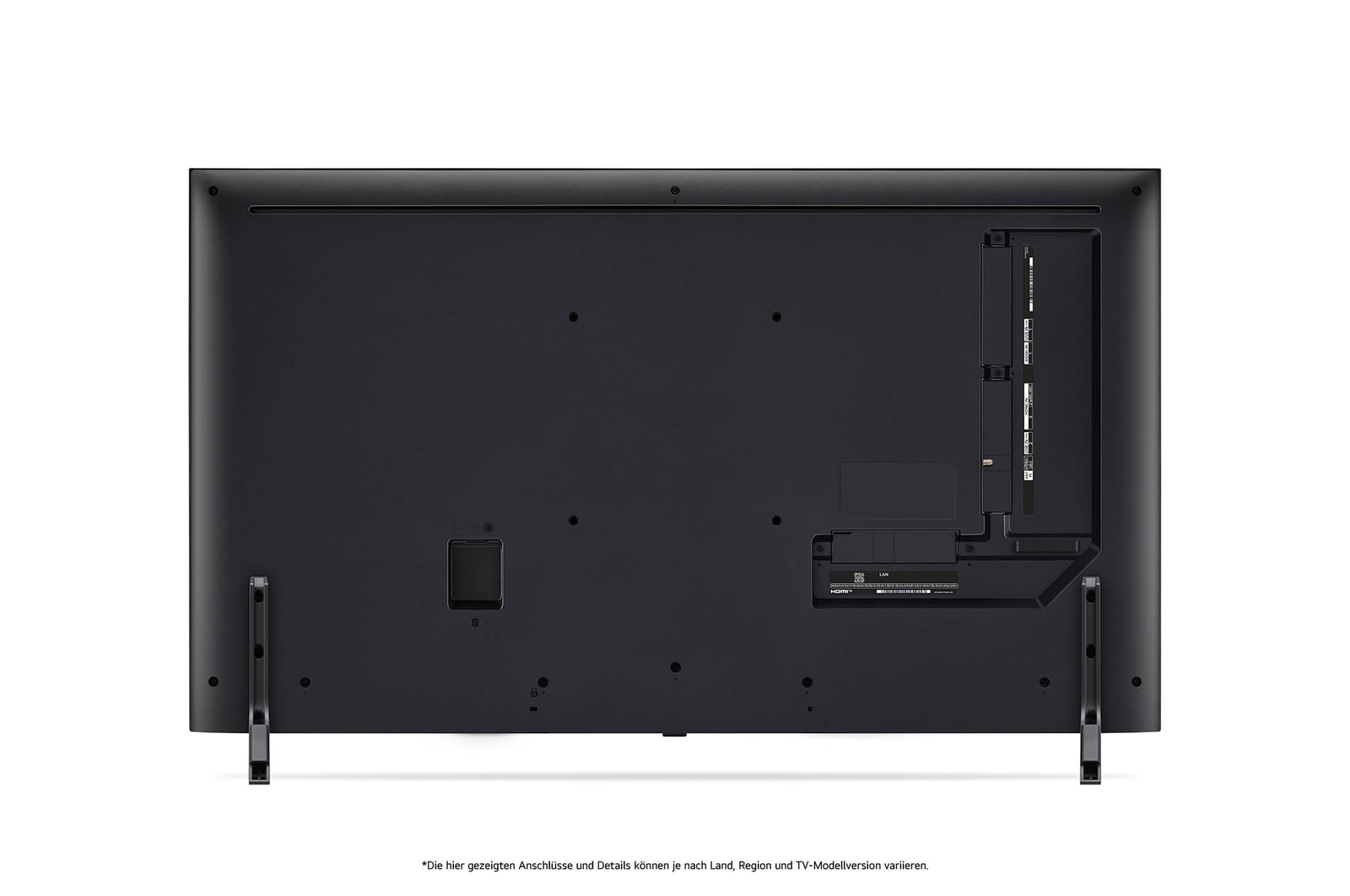 Rückansicht des LG QNED80 AI 4K Smart Fernsehers, zeigt das Design der Rückseite, den Bereich der Anschlüsse und den angebrachten Doppel-Standfuß.