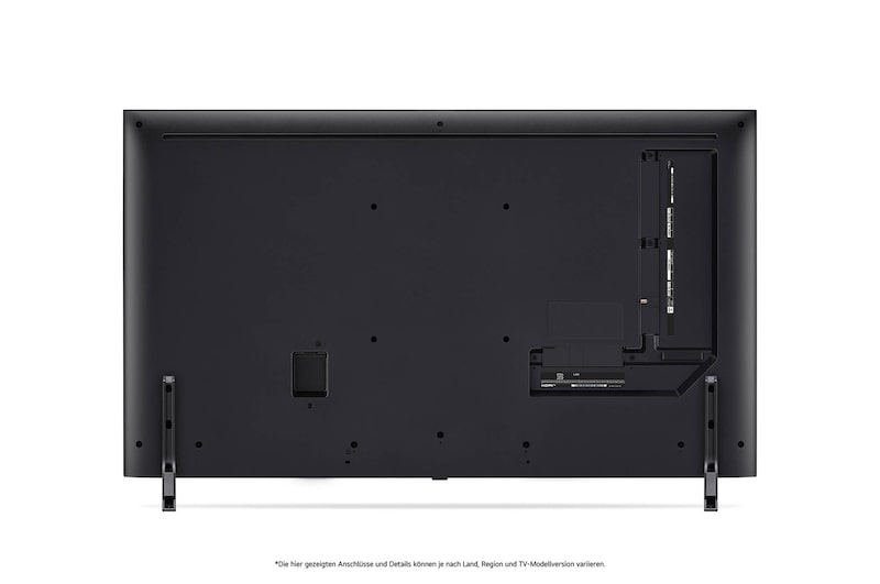 Rückansicht des LG QNED80 AI 4K Smart Fernsehers, zeigt das Design der Rückseite, den Bereich der Anschlüsse und den angebrachten Doppel-Standfuß.
