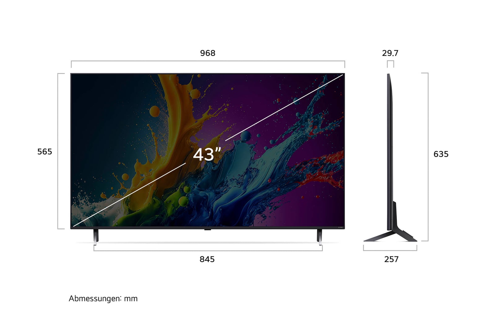 Diagramm mit Abmessungen (mm) für den 43 Zoll LG QNED80 AI 4K Smart TV: B 968, H 685, T 257. Panel-Tiefe 29,7.