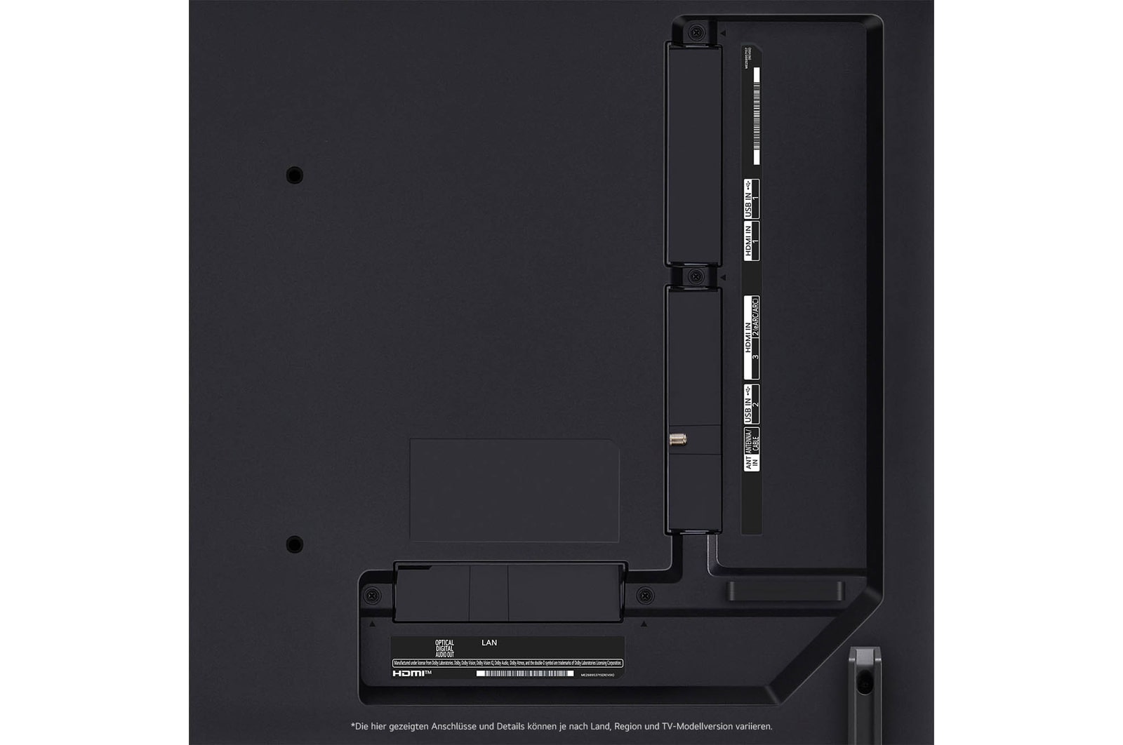 Nahaufnahme der Anschlüsse des LG QNED80 AI 4K Smart Fernsehers, einschließlich Zugang zu HDMI, USB, Antenne und CI-Slot.