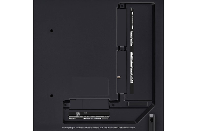 Nahaufnahme der Anschlüsse des LG QNED80 AI 4K Smart Fernsehers, einschließlich Zugang zu HDMI, USB, Antenne und CI-Slot.