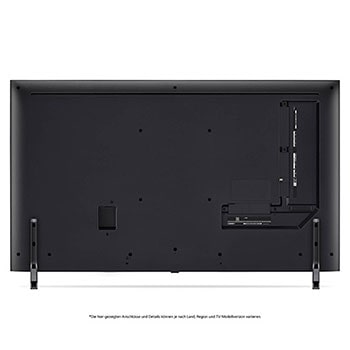 Rückansicht des LG QNED80 AI 4K Smart Fernsehers, zeigt das Design der Rückseite, den Bereich der Anschlüsse und den angebrachten Doppel-Standfuß.