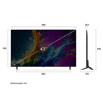 Diagramm mit Abmessungen (mm) für den 43 Zoll LG QNED80 AI 4K Smart TV: B 968, H 685, T 257. Panel-Tiefe 29,7.