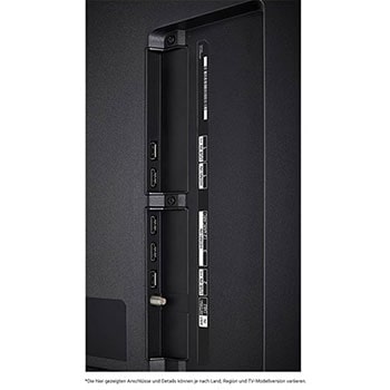 Detaillierte Nahaufnahme der seitlichen Anschlüsse des LG QNED80 AI 4K Smart Fernsehers, zeigt HDMI-, USB- und Antenneneingänge.