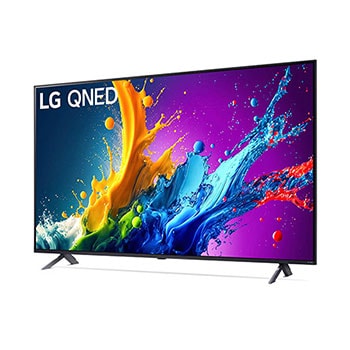 LG QNED80 AI 4K Smart Fernseher aus einer leichten vorderen rechten Perspektive, zeigt Bildschirm und Standfuß.