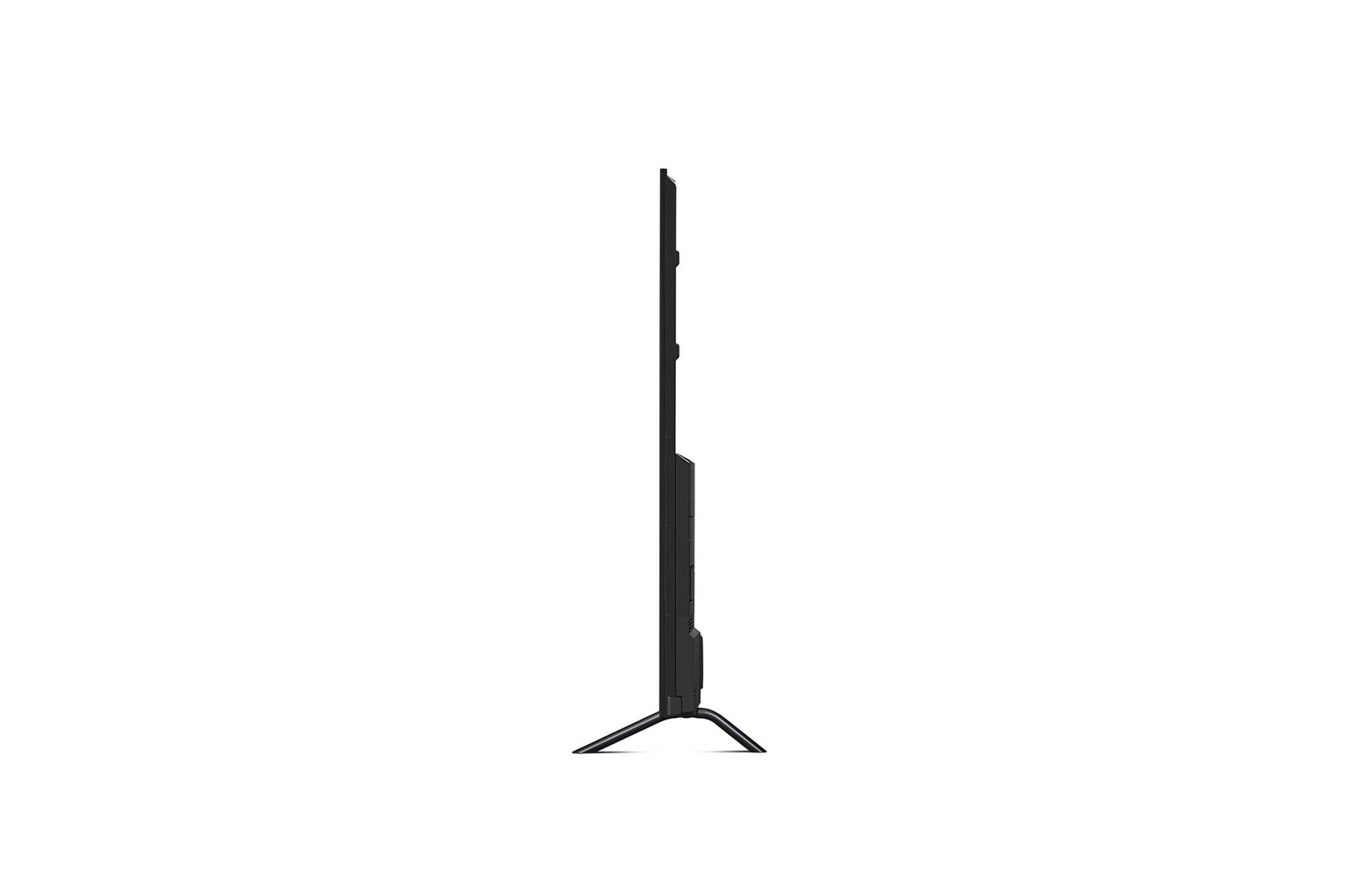 Linke Seitenprofilansicht des LG QNED MiniLED AI QNED89 4K Smart Fernsehers, die sein schlankes Design und die Form des zentralen Standfußes hervorhebt.