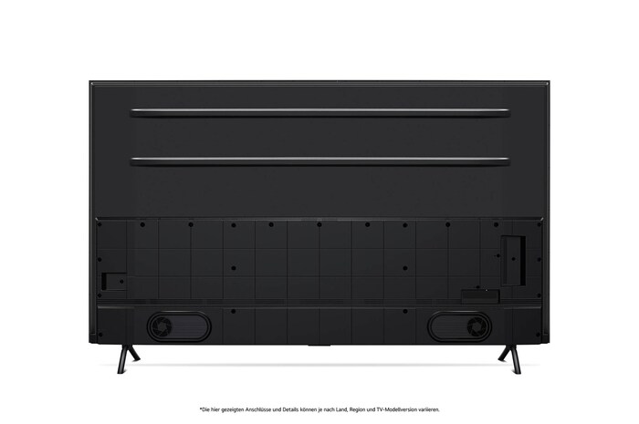 Rückansicht des LG QNED MiniLED AI QNED89 4K Smart Fernsehers, zeigt das Design der Rückseite, Anschlüsse und die zentrale Standfußverbindung.