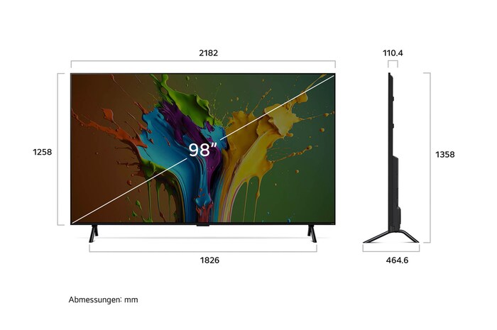 Diagramm mit Abmessungen (mm) für den 97 Zoll LG QNED MiniLED AI QNED89 4K Smart TV: B 2182, H 1358, T 464,6. Panel-Tiefe 110,4.