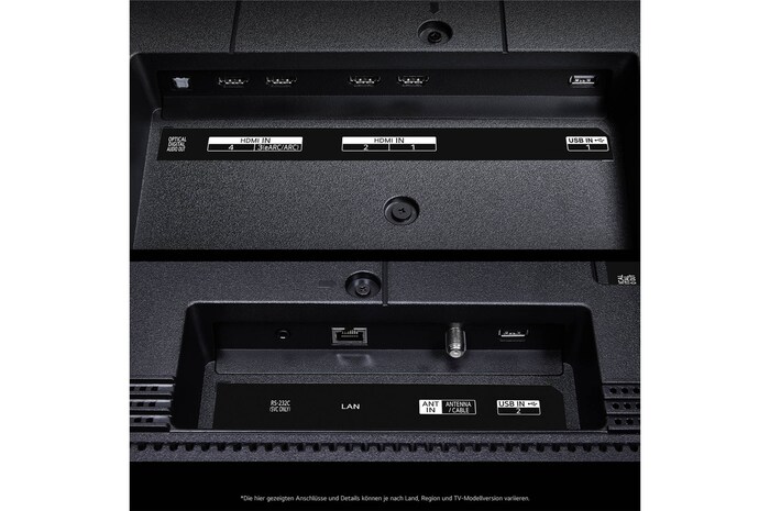 Nahaufnahme der Anschlüsse des LG QNED MiniLED AI QNED89 4K Smart Fernsehers, einschließlich Zugang zu HDMI, USB und Antenne.