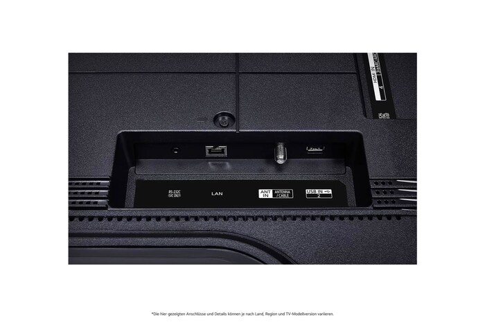 Nahaufnahme der nach unten gerichteten Anschlüsse (Optisch, LAN, Antenne) auf der Rückseite des LG QNED MiniLED AI QNED89 4K Smart Fernsehers.