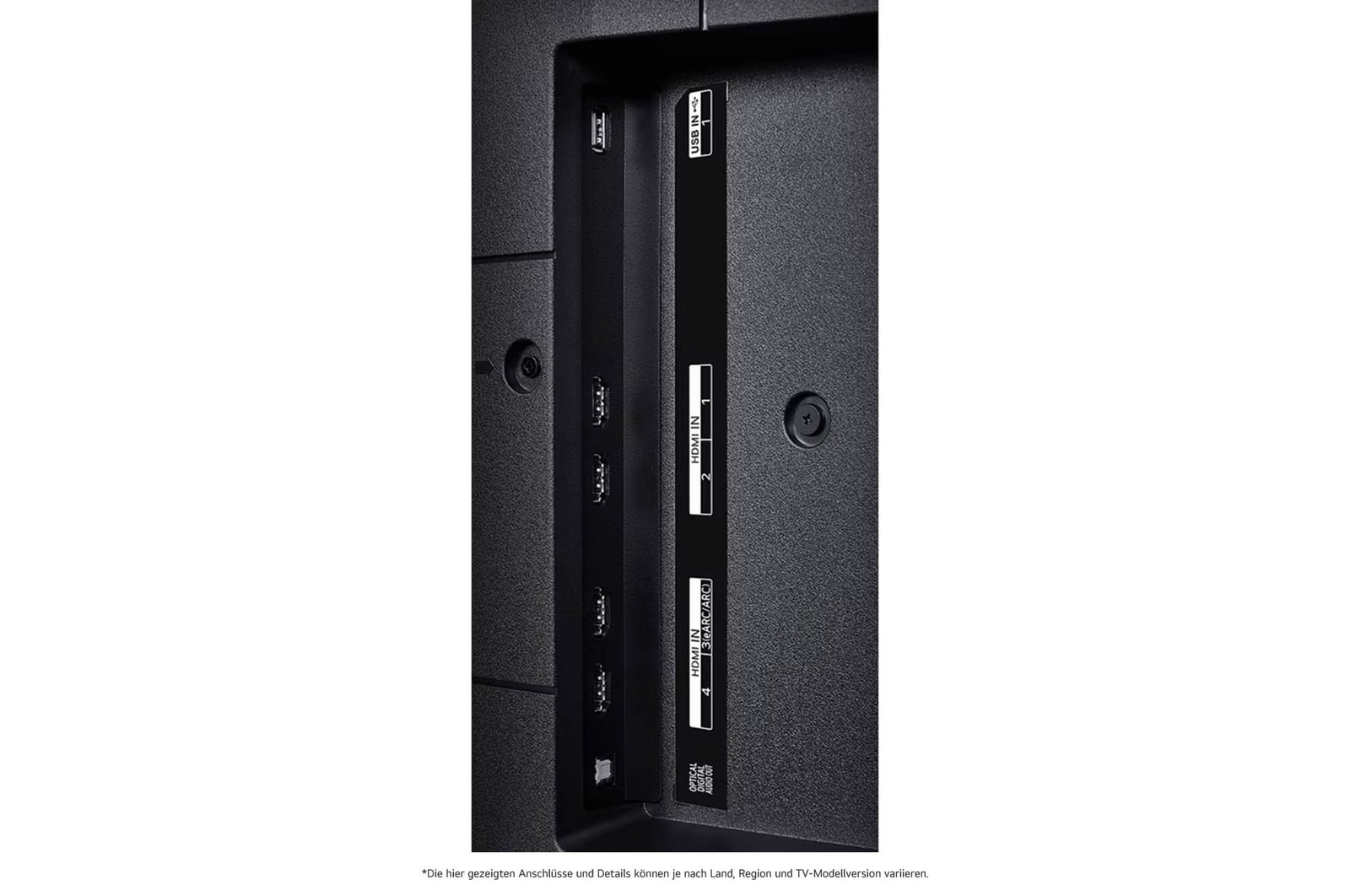 Detaillierte Nahaufnahme der seitlichen Anschlüsse des LG QNED MiniLED AI QNED89 4K Smart Fernsehers, zeigt HDMI 1-4 und CI-Slot.
