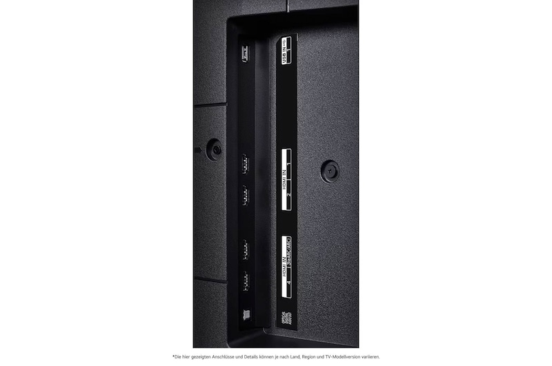 Detaillierte Nahaufnahme der seitlichen Anschlüsse des LG QNED MiniLED AI QNED89 4K Smart Fernsehers, zeigt HDMI 1-4 und CI-Slot.