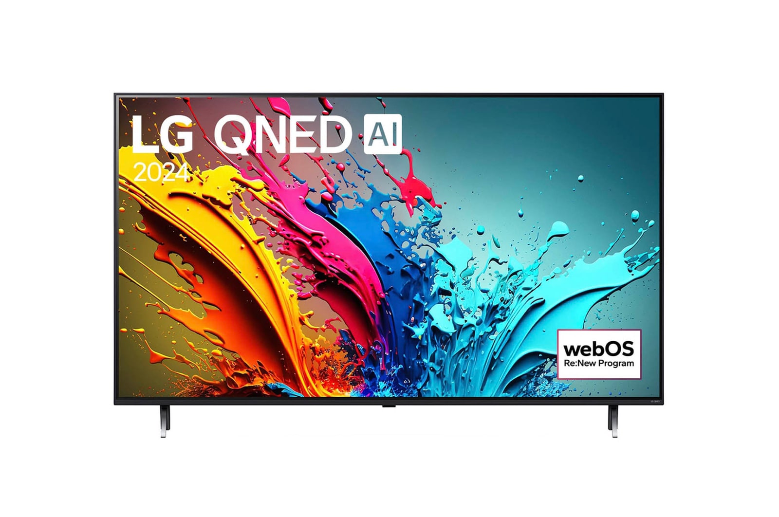 Vorderansicht des LG QNED MiniLED AI QNED85 4K Smart Fernsehers (Modell 2024) mit lebendiger abstrakter Kunst auf dem Bildschirm.