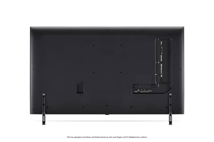 Rückansicht des LG QNED MiniLED AI QNED85 4K Smart Fernsehers, zeigt das Design der Rückseite, Anschlüsse und die zentrale Standfußverbindung.