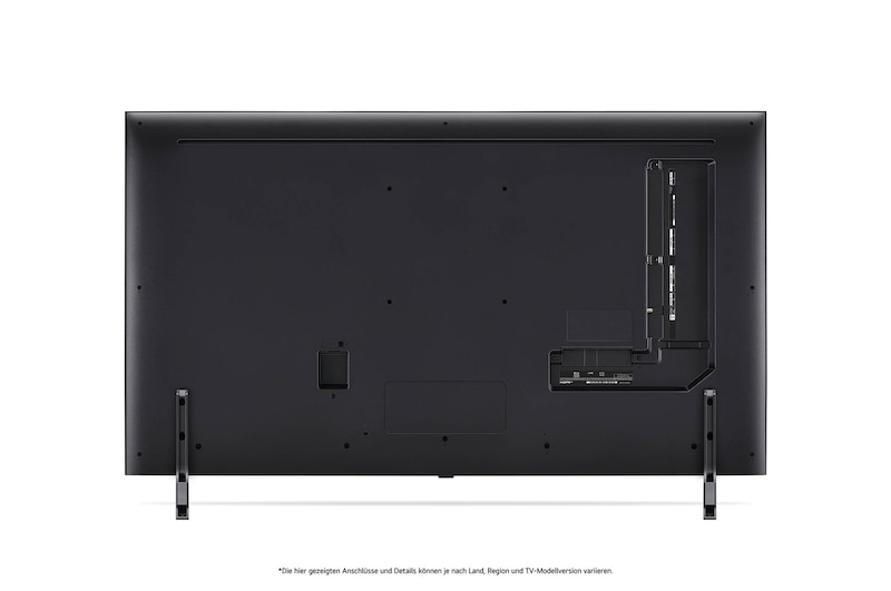 Rückansicht des LG QNED MiniLED AI QNED85 4K Smart Fernsehers, zeigt das Design der Rückseite, Anschlüsse und die zentrale Standfußverbindung.