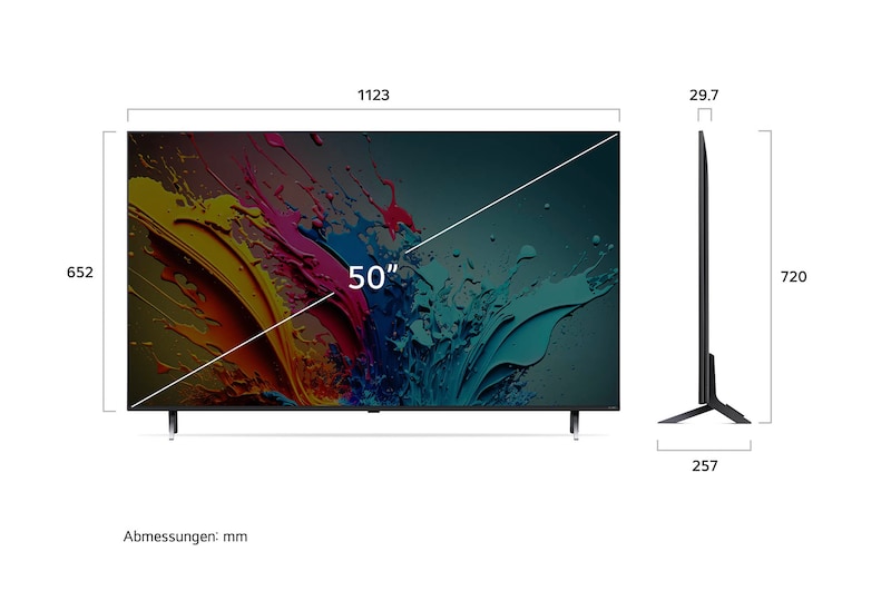 Diagramm mit Abmessungen (mm) für den 50 Zoll LG QNED MiniLED AI QNED85 4K Smart TV: B 1123, H 720, T 257. Panel-Tiefe 29,7.