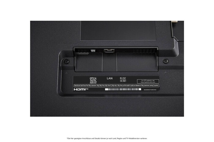 Nahaufnahme der nach unten gerichteten Anschlüsse (Optisch, LAN, Antenne) auf der Rückseite des LG QNED MiniLED AI QNED85 4K Smart Fernsehers.