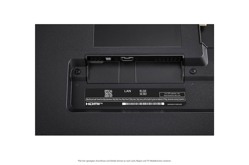 Nahaufnahme der nach unten gerichteten Anschlüsse (Optisch, LAN, Antenne) auf der Rückseite des LG QNED MiniLED AI QNED85 4K Smart Fernsehers.