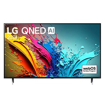 Vorderansicht des LG QNED MiniLED AI QNED85 4K Smart Fernsehers (Modell 2024) mit lebendiger abstrakter Kunst auf dem Bildschirm.