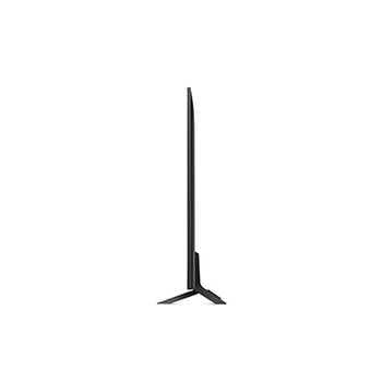 Linke Seitenprofilansicht des LG QNED MiniLED AI QNED85 4K Smart Fernsehers, die sein schlankes Design und die Form des zentralen Standfußes hervorhebt.