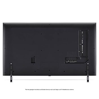 Rückansicht des LG QNED MiniLED AI QNED85 4K Smart Fernsehers, zeigt das Design der Rückseite, Anschlüsse und die zentrale Standfußverbindung.