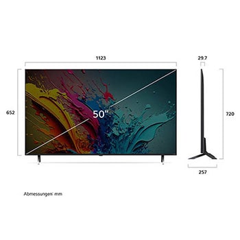 Diagramm mit Abmessungen (mm) für den 50 Zoll LG QNED MiniLED AI QNED85 4K Smart TV: B 1123, H 720, T 257. Panel-Tiefe 29,7.